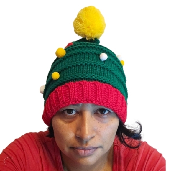 Hand Crafted crochet holiday beanie handmade chritmas tree yellow pom pom - Picture 4 of 4